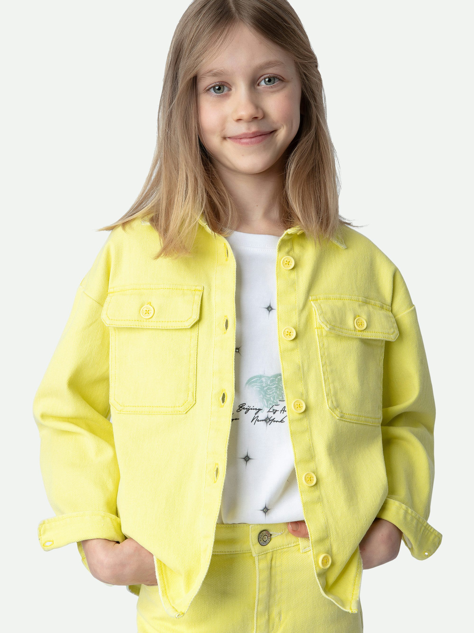 Timmy Girls’ Jacket - Girls’ yellow cotton twill jacket with “Amour” slogan on the back.